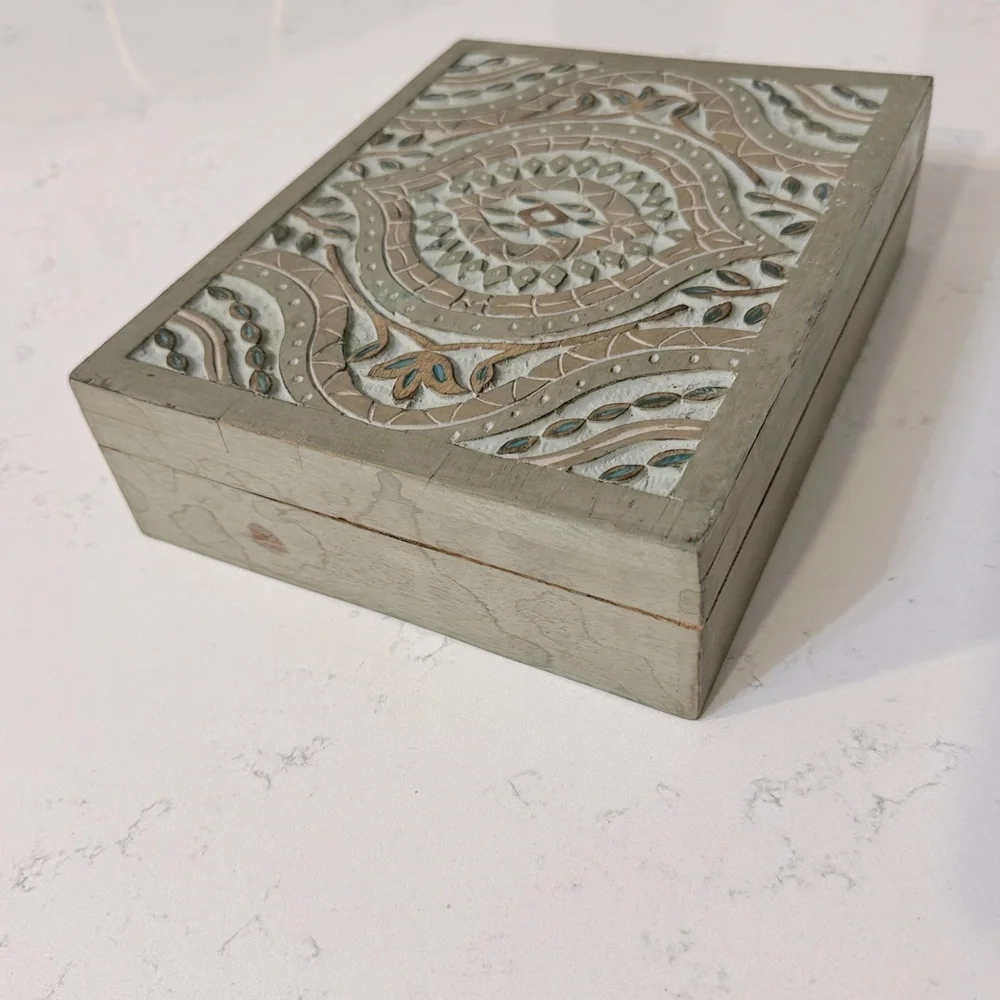 Green Geo Carved Wood Ashanti Storage Box